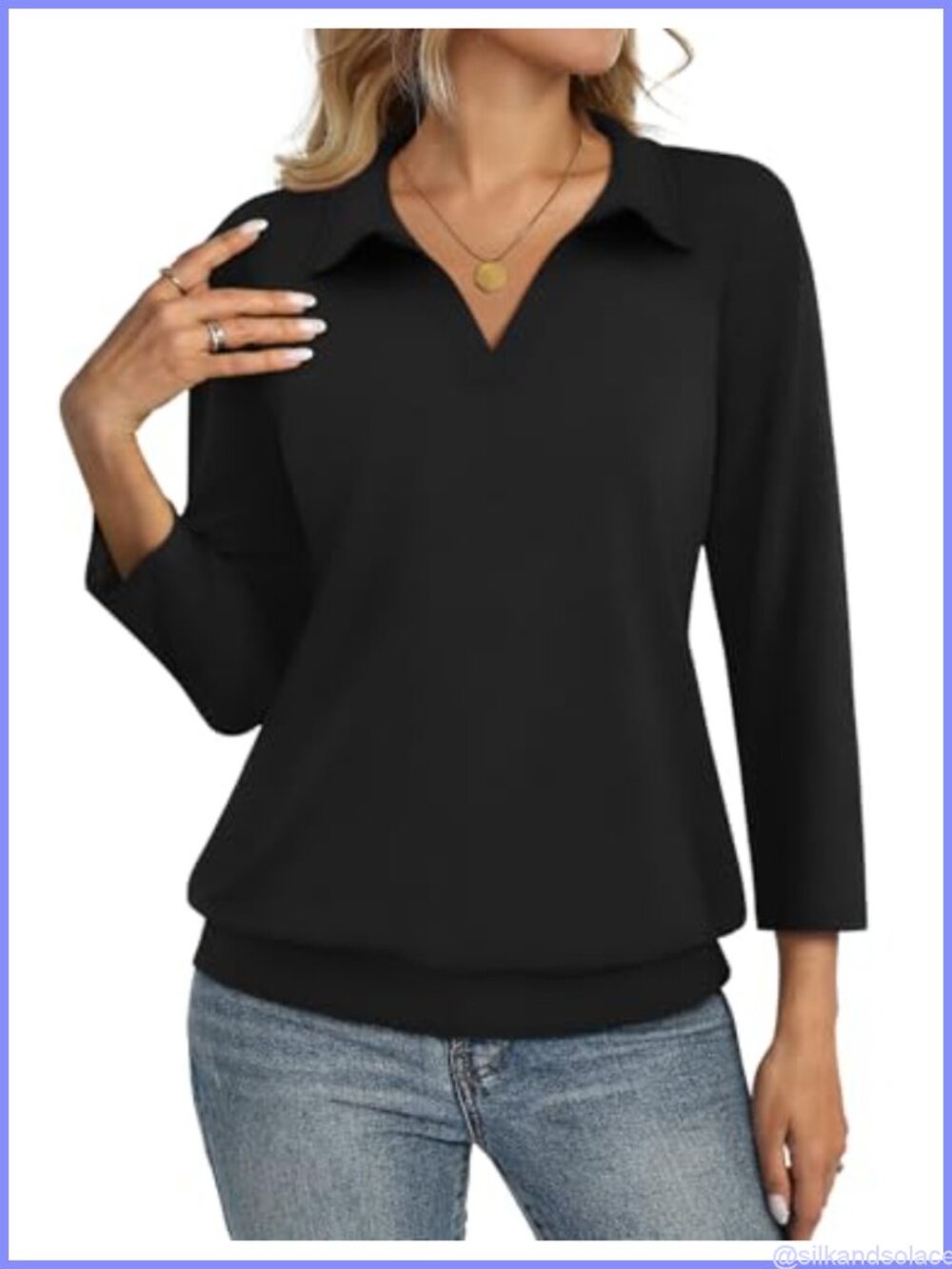 Womens 3/4 Sleeve Polo Shirt V Neck Banded Bottom Business Casual Top